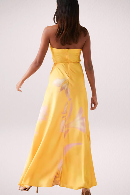 Yellow Floral Satin Maxi Dress with Halter Neck for Women - Maddalena