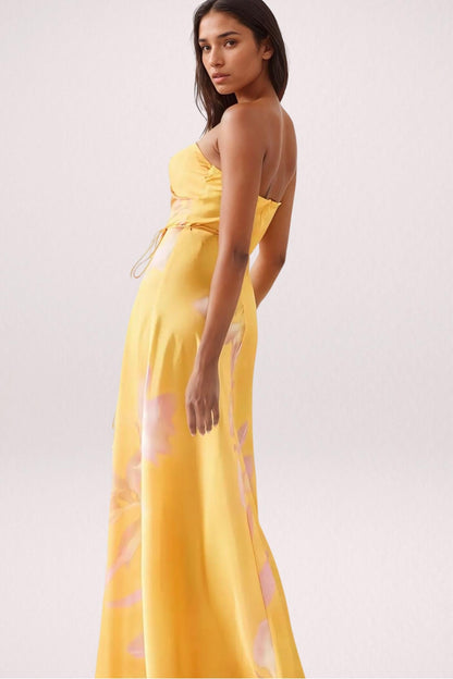 Yellow Floral Satin Maxi Dress with Halter Neck for Women - Maddalena