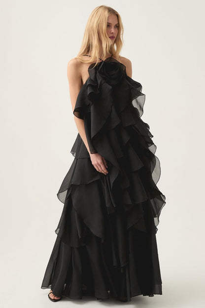 Layered Ruffle Maxi Dress with Halter Neck for Women - Cecilia