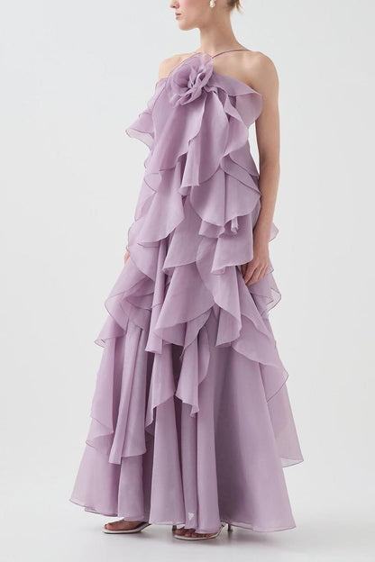 Layered Ruffle Maxi Dress with Halter Neck for Women - Cecilia