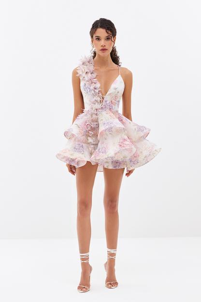 Pastel Floral Ruffle Mini Dress with V-Neck for Women - Margherita