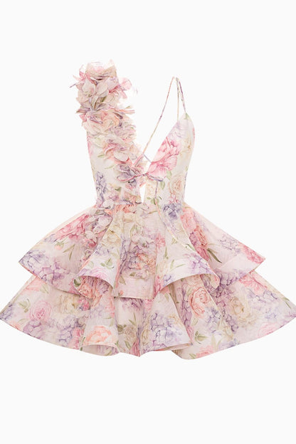 Pastel Floral Ruffle Mini Dress with V-Neck for Women - Margherita