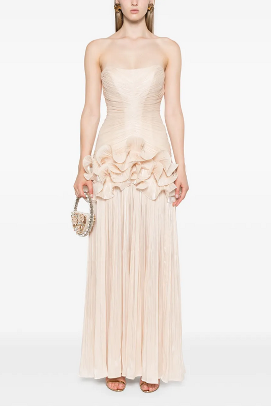 Champagne Strapless Maxi Dress with Ruffle Detail for Women - Lia