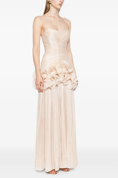 Champagne Strapless Maxi Dress with Ruffle Detail for Women - Lia