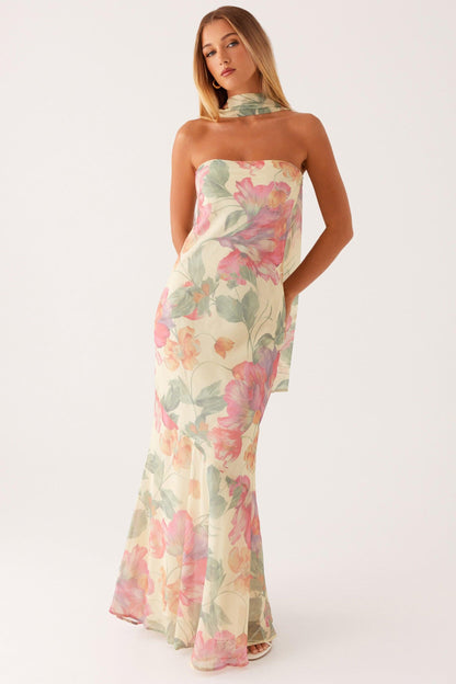Floral Print Strapless Maxi Dress in Light Yellow for Women - Annamaria