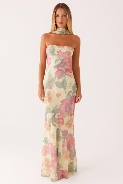 Floral Print Strapless Maxi Dress in Light Yellow for Women - Annamaria