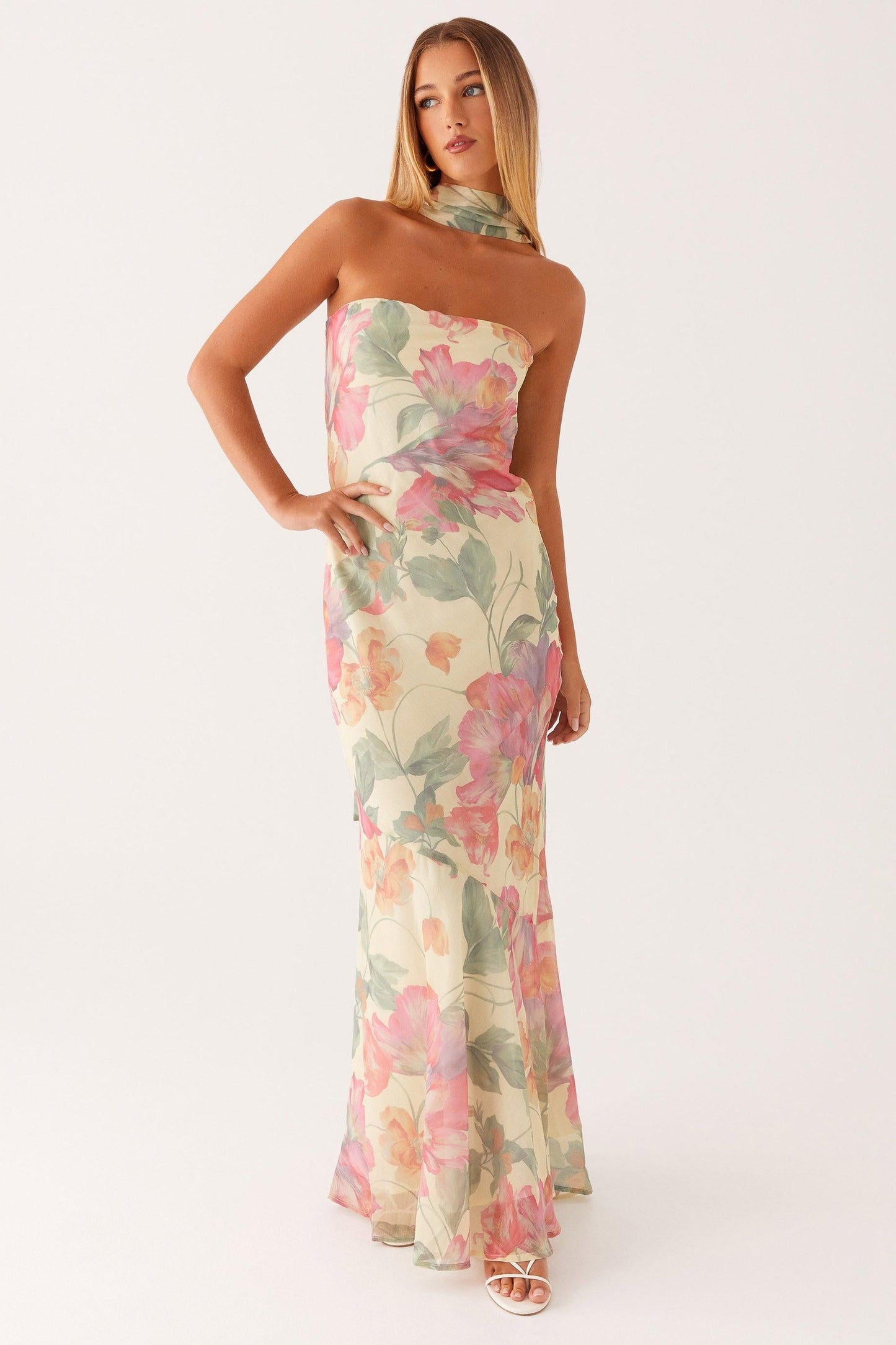 Floral Print Strapless Maxi Dress in Light Yellow for Women - Annamaria