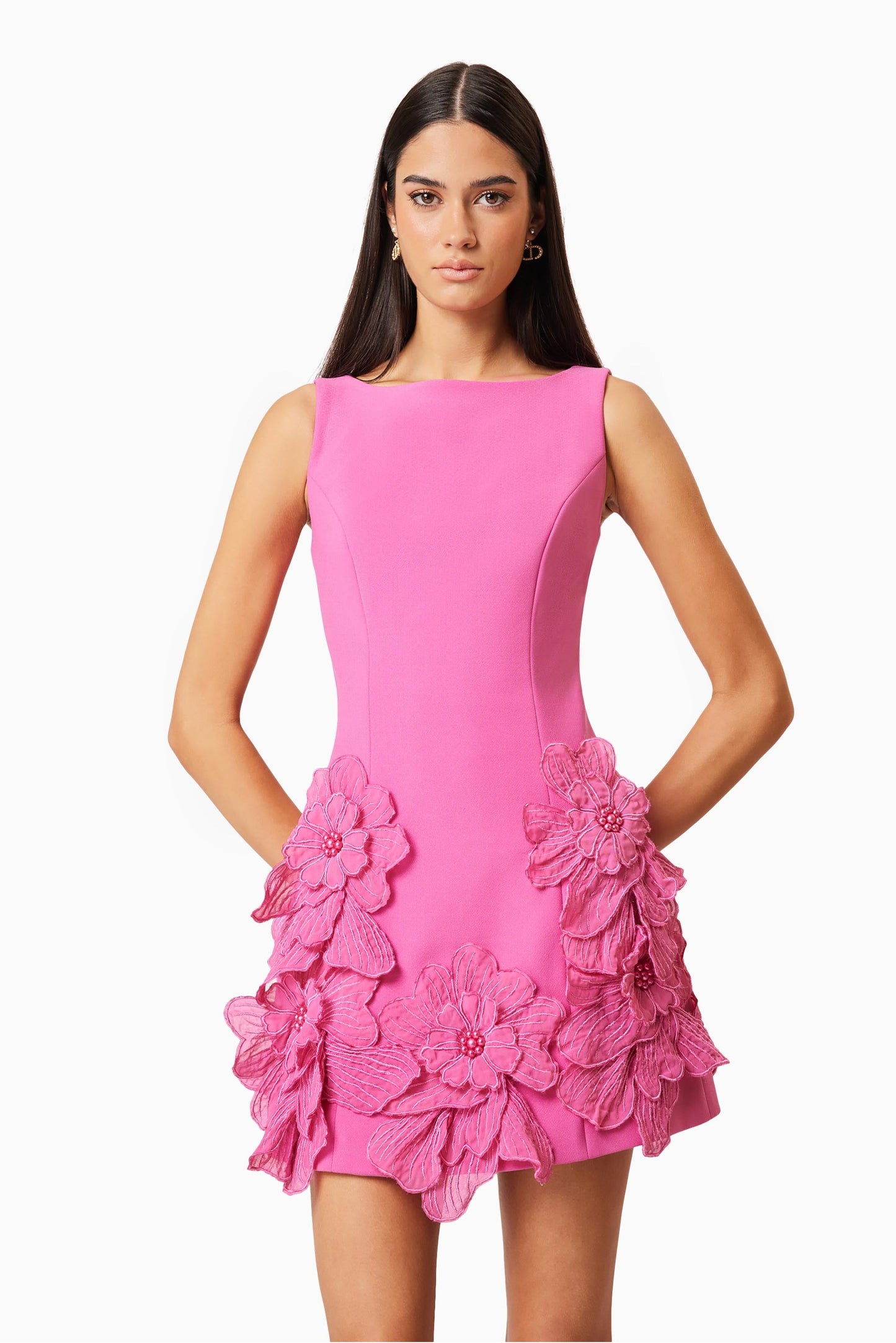 Hot Pink Mini Dress with 3D Floral Appliqué for Women - Clara