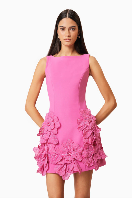 Hot Pink Mini Dress with 3D Floral Appliqué for Women - Clara