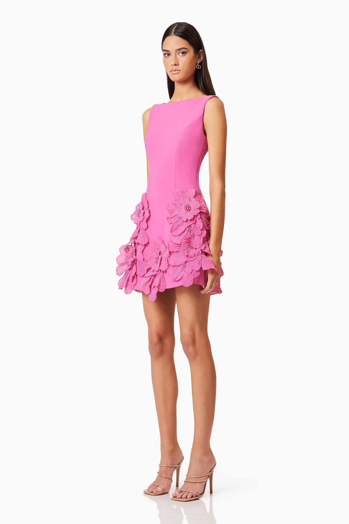 Hot Pink Mini Dress with 3D Floral Appliqué for Women - Clara