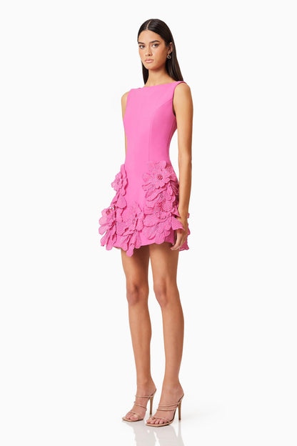 Hot Pink Mini Dress with 3D Floral Appliqué for Women - Clara