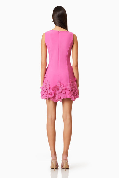 Hot Pink Mini Dress with 3D Floral Appliqué for Women - Clara