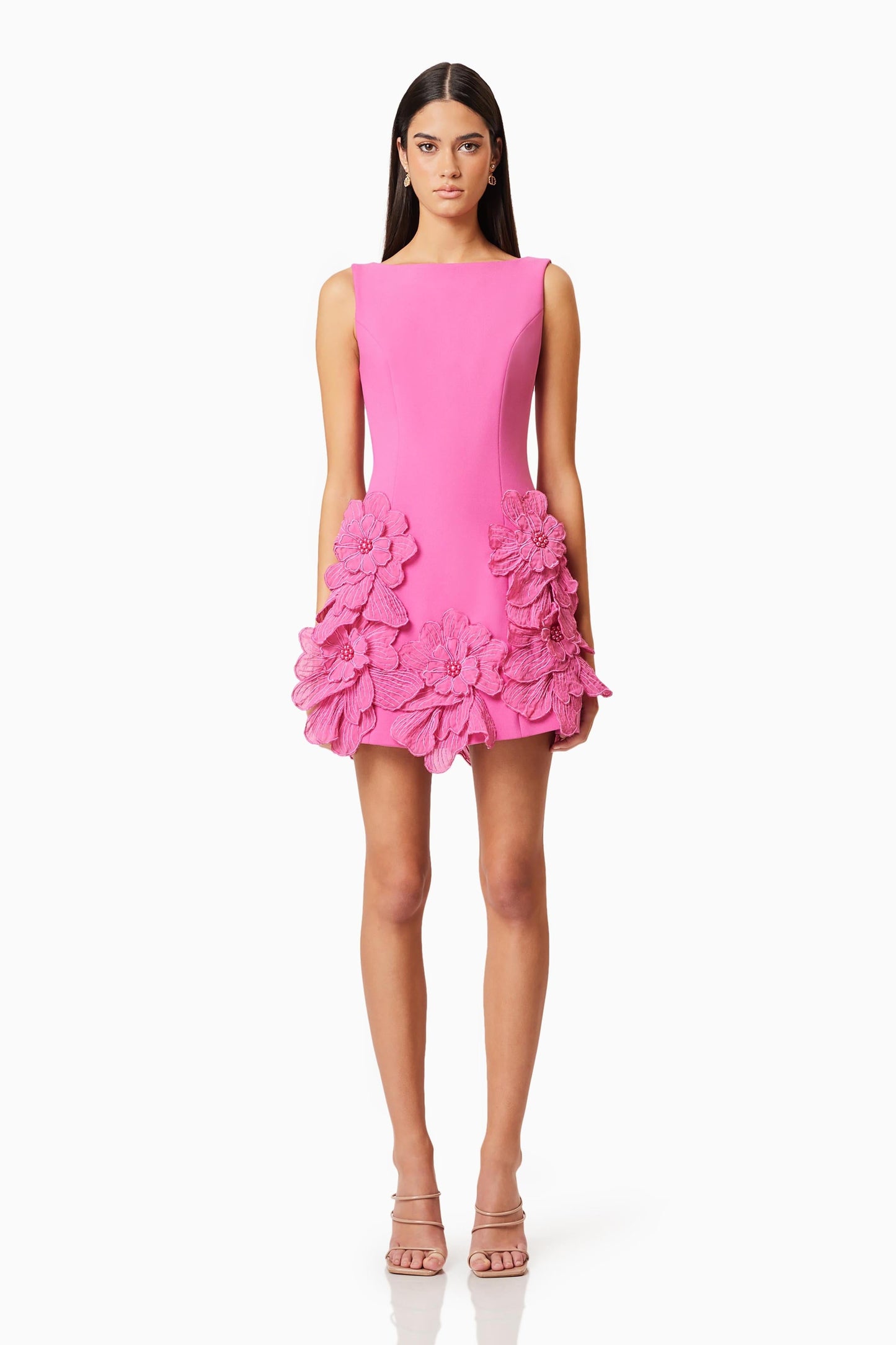 Hot Pink Mini Dress with 3D Floral Appliqué for Women - Clara