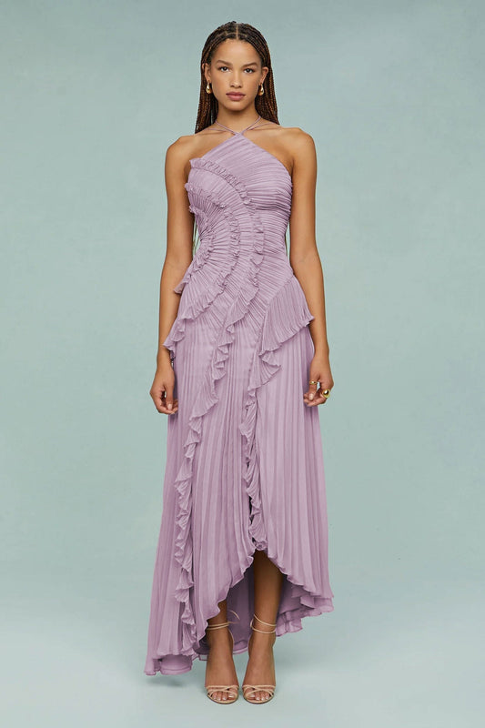 Lilac Pleated Halter Neck Maxi Dress with Ruffle Trim for Women - Beatrice