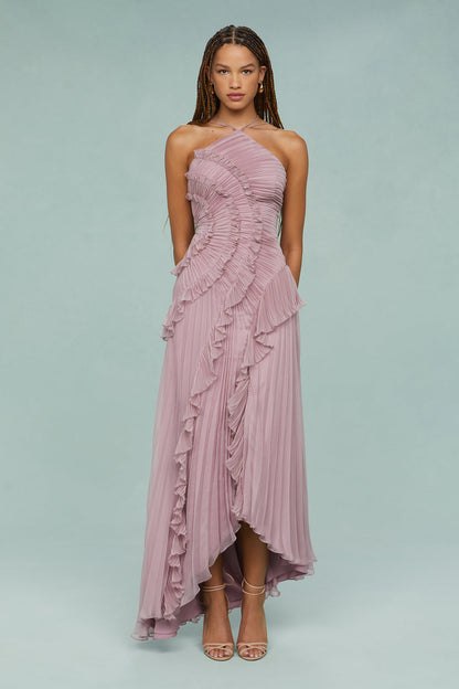 Dusty Rose Pleated Maxi Dress with Ruffle Trim for Women  - Flavia