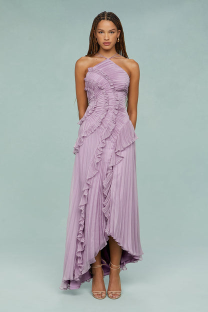 Lilac Pleated Halter Neck Maxi Dress with Ruffle Trim for Women - Beatrice