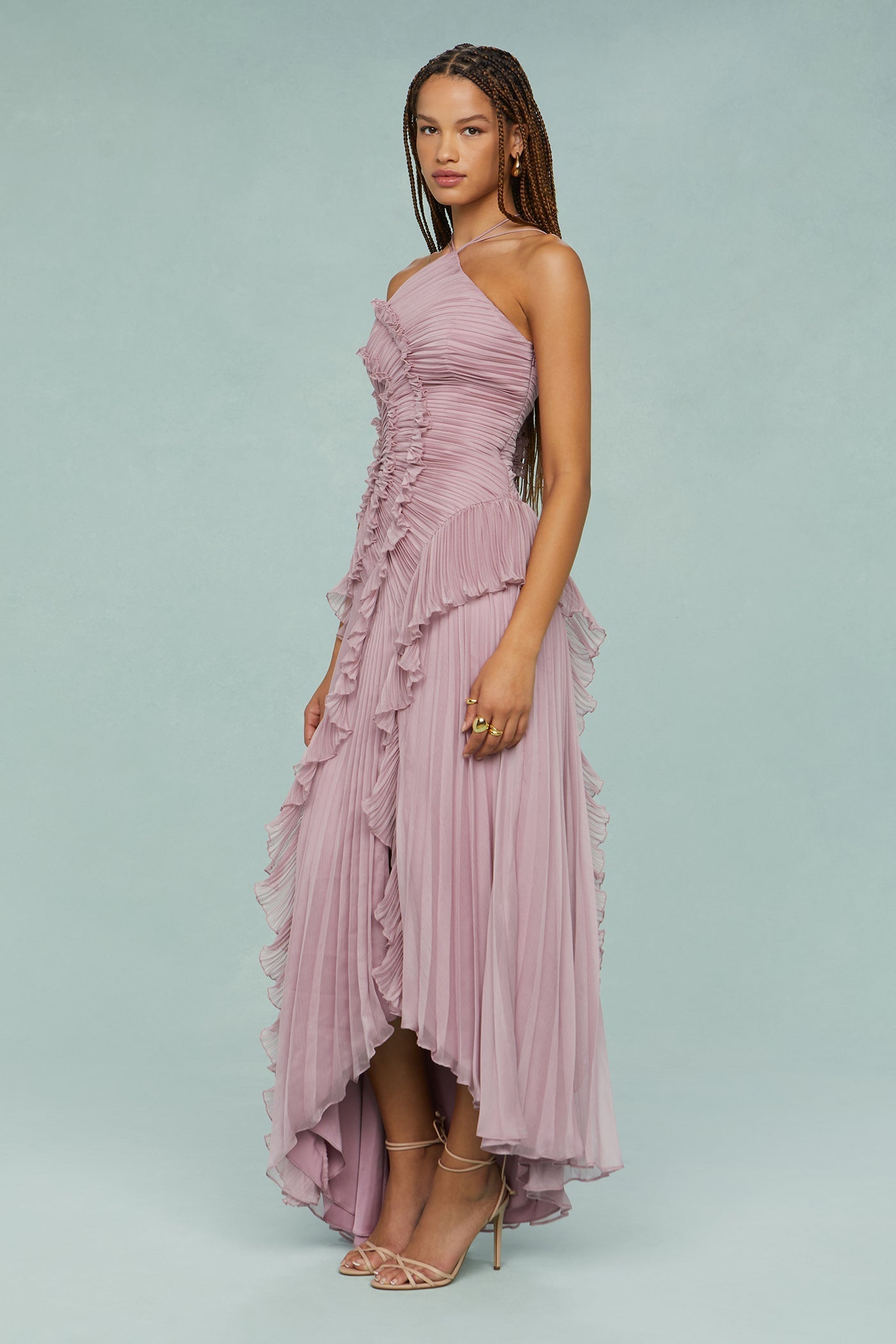 Dusty Rose Pleated Maxi Dress with Ruffle Trim for Women  - Flavia