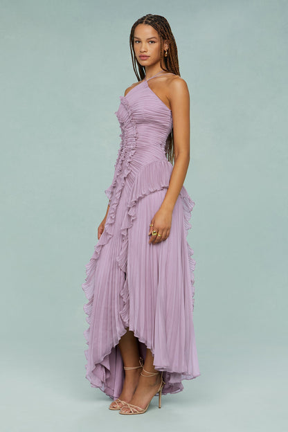 Lilac Pleated Halter Neck Maxi Dress with Ruffle Trim for Women - Beatrice