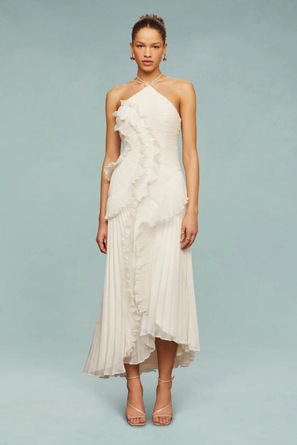 White Pleated Ruffle Midi Dress with Halter Neck for Women - Clotilde
