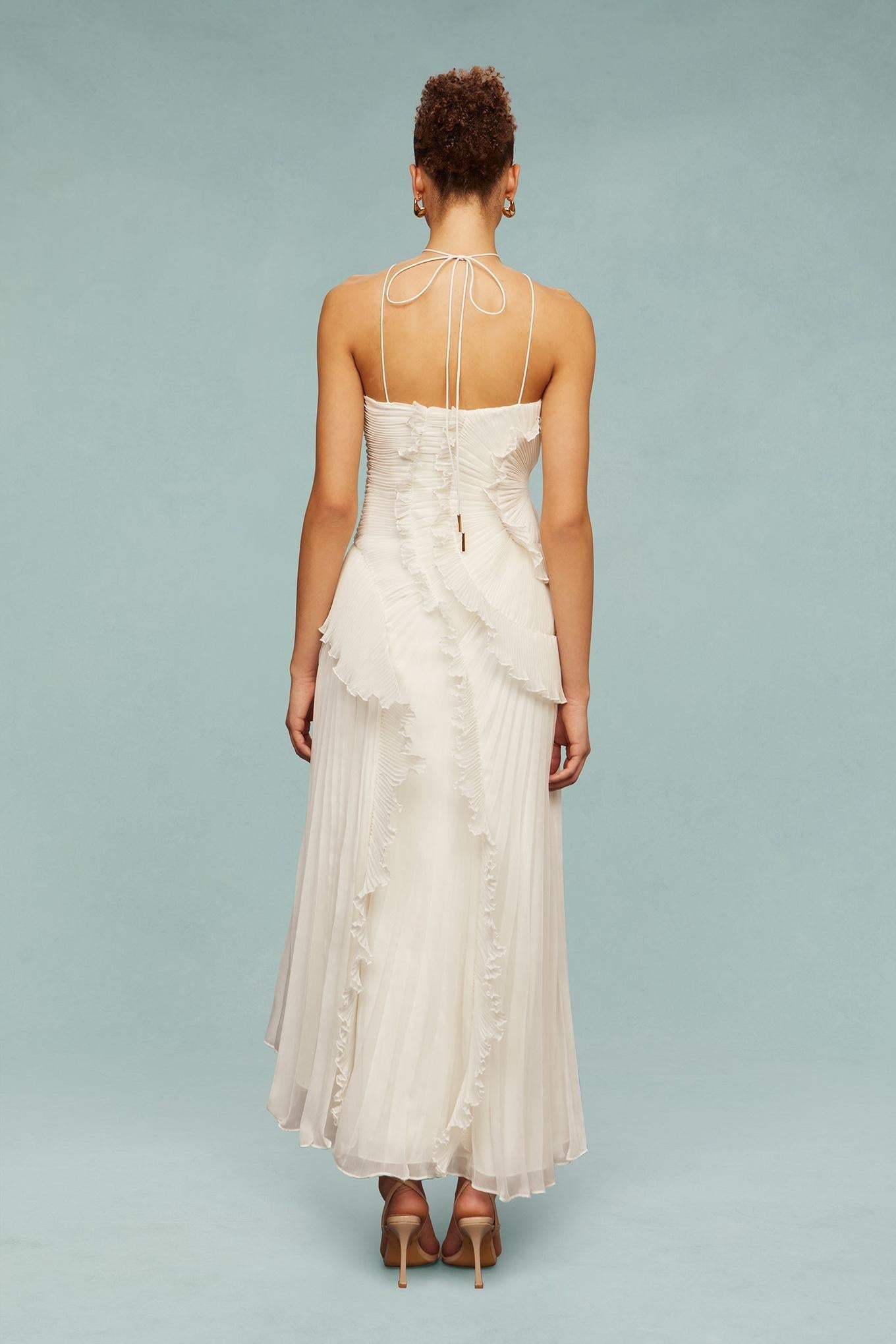 White Pleated Ruffle Midi Dress with Halter Neck for Women - Clotilde