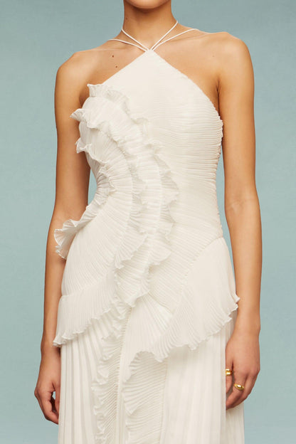 White Pleated Ruffle Midi Dress with Halter Neck for Women - Clotilde