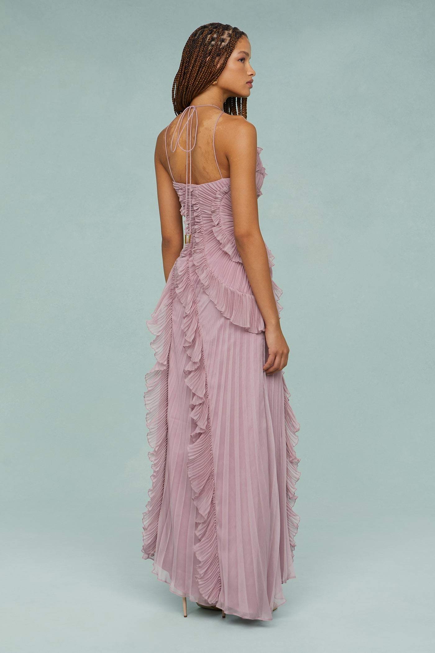 Dusty Rose Pleated Maxi Dress with Ruffle Trim for Women  - Flavia