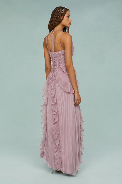 Dusty Rose Pleated Maxi Dress with Ruffle Trim for Women  - Flavia