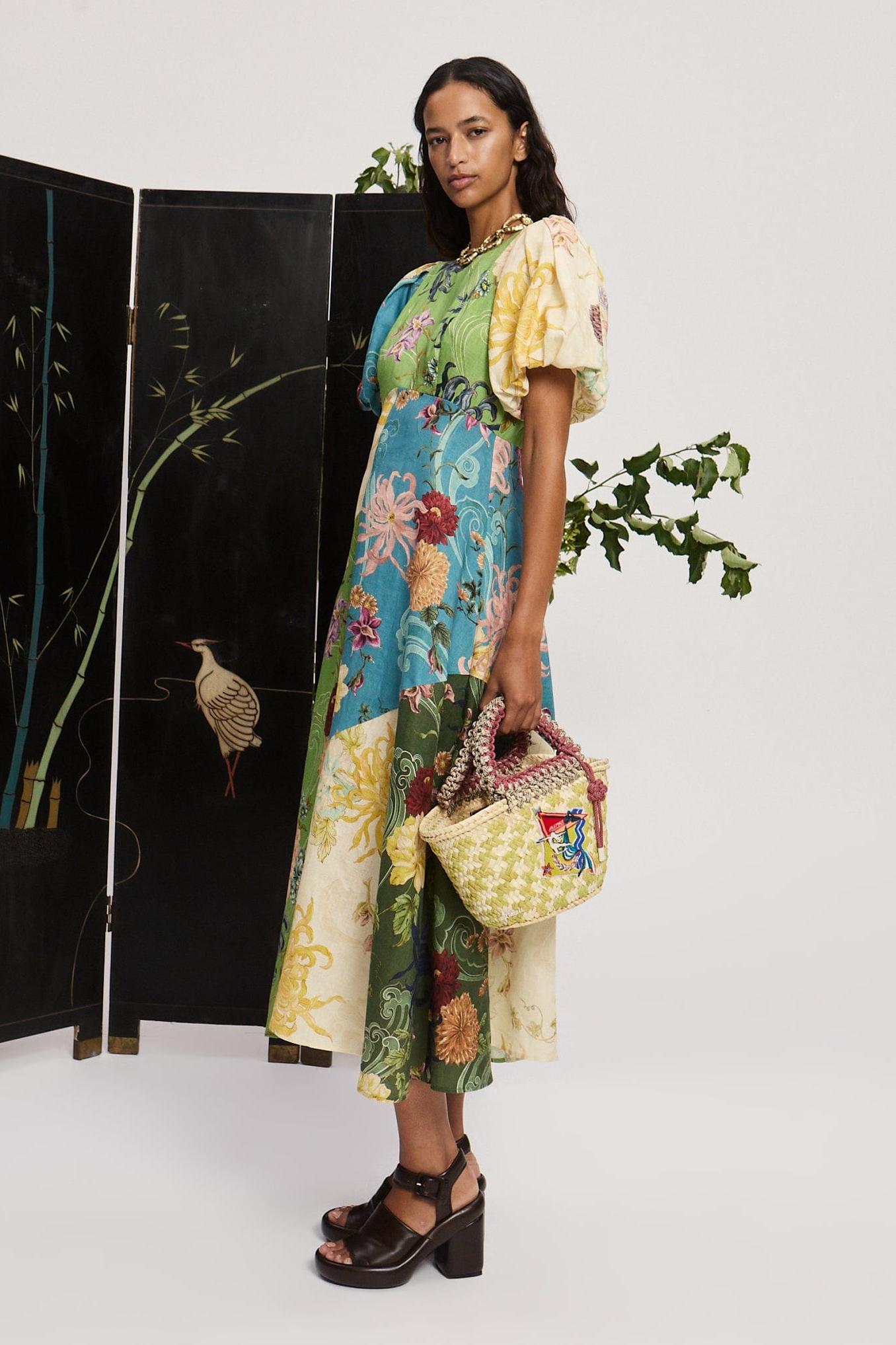 Multicolor Floral Patchwork Midi Dress with Puff Sleeves for Women - Natalia