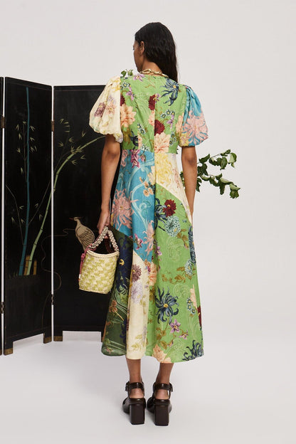 Multicolor Floral Patchwork Midi Dress with Puff Sleeves for Women - Natalia