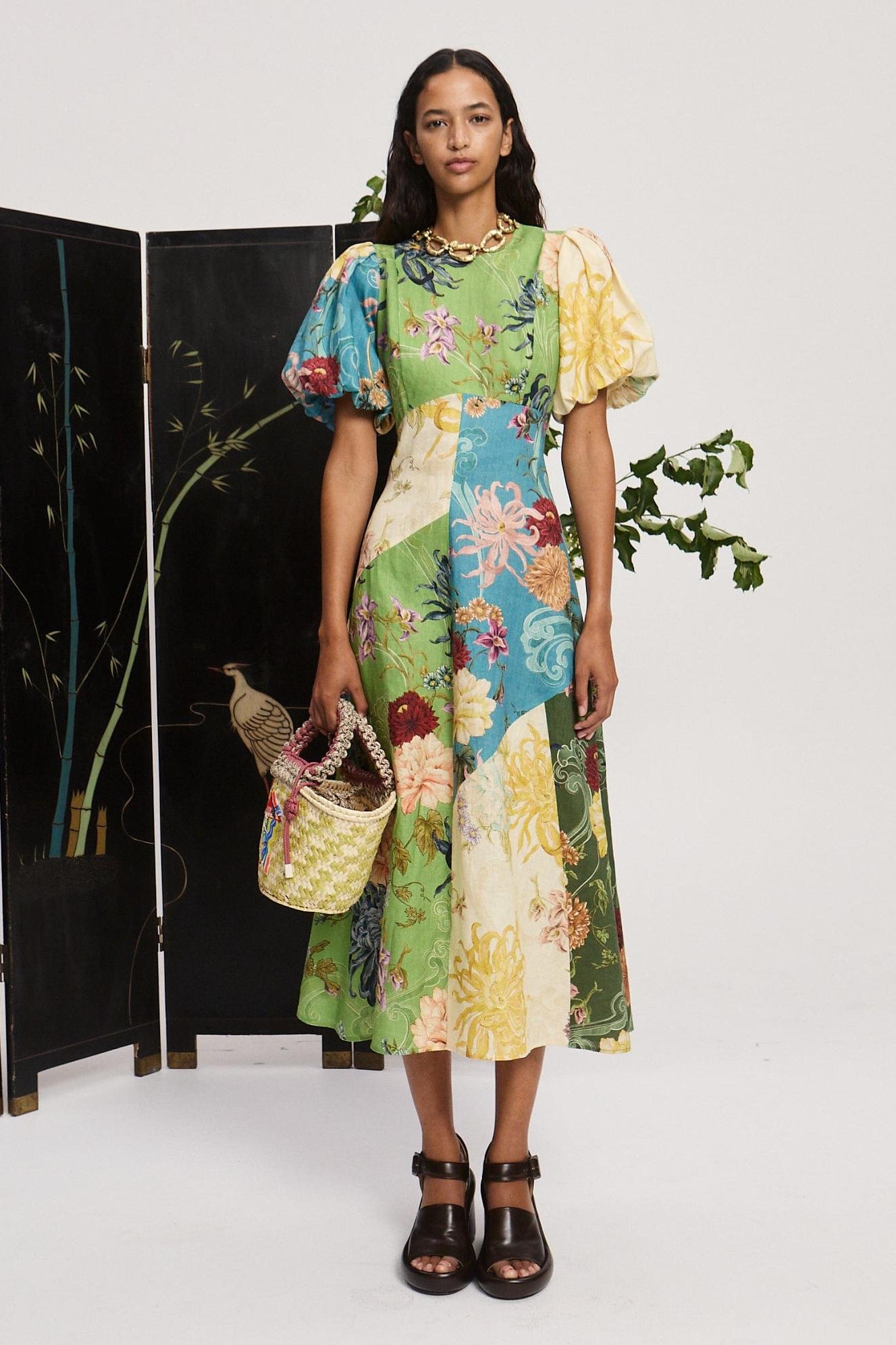 Multicolor Floral Patchwork Midi Dress with Puff Sleeves for Women - Natalia