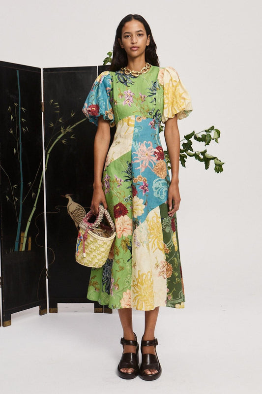Multicolor Floral Patchwork Midi Dress with Puff Sleeves for Women - Natalia