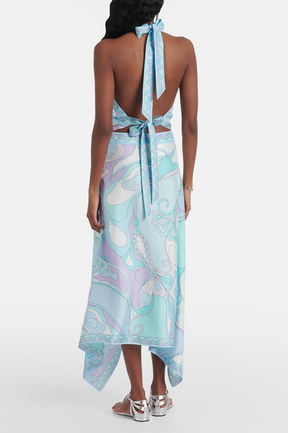 Satin Halter Top and Scarf Print Midi Skirt Set for Women - Ester