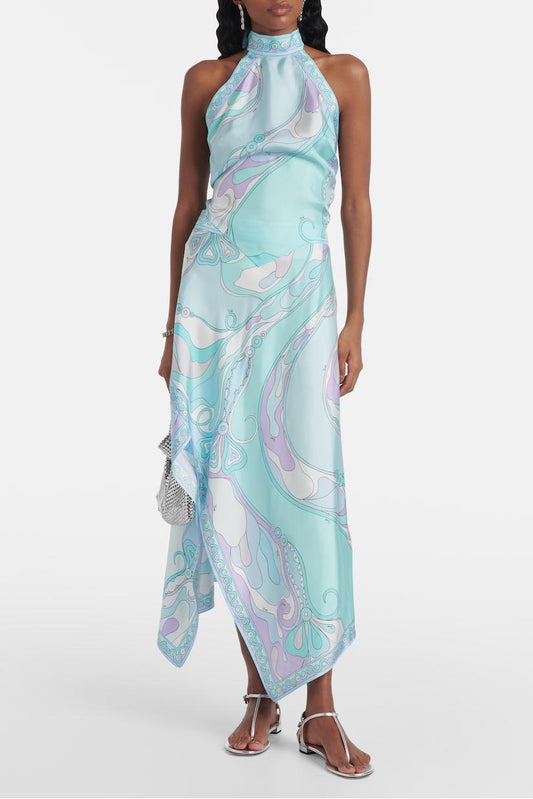 Satin Halter Top and Scarf Print Midi Skirt Set for Women - Ester