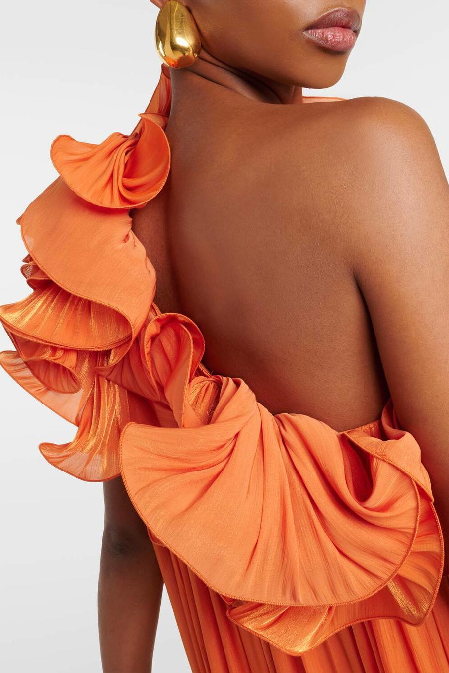 Orange Off Shoulder Maxi Dress with Floral Ruffles for Women - Ambra