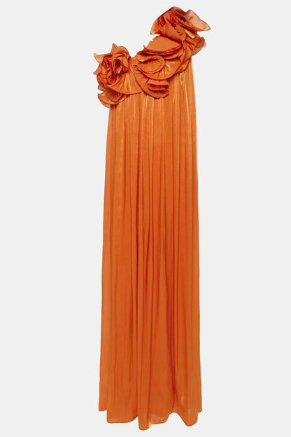 Orange Off Shoulder Maxi Dress with Floral Ruffles for Women - Ambra