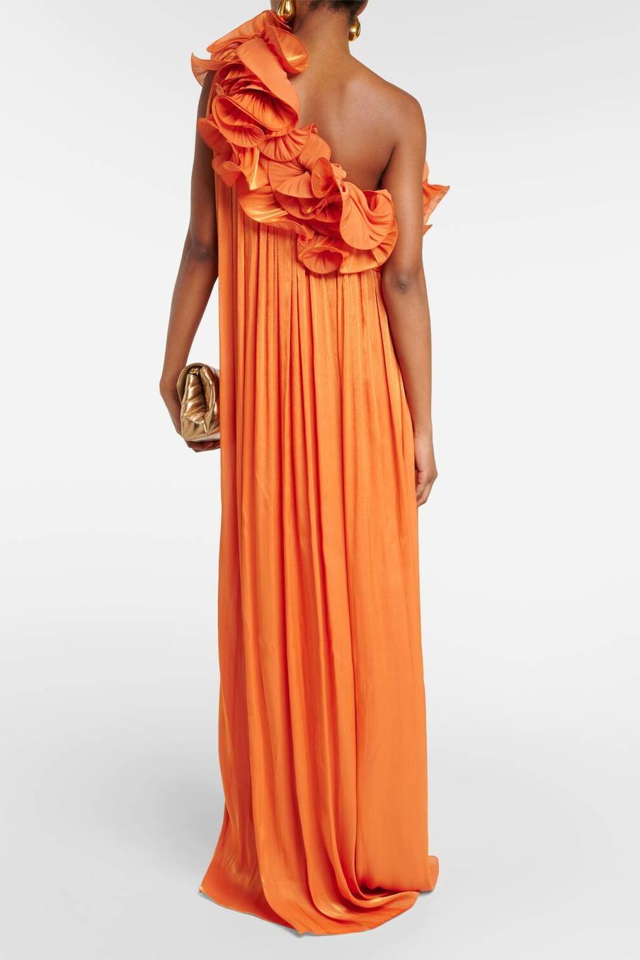 Orange Off Shoulder Maxi Dress with Floral Ruffles for Women - Ambra
