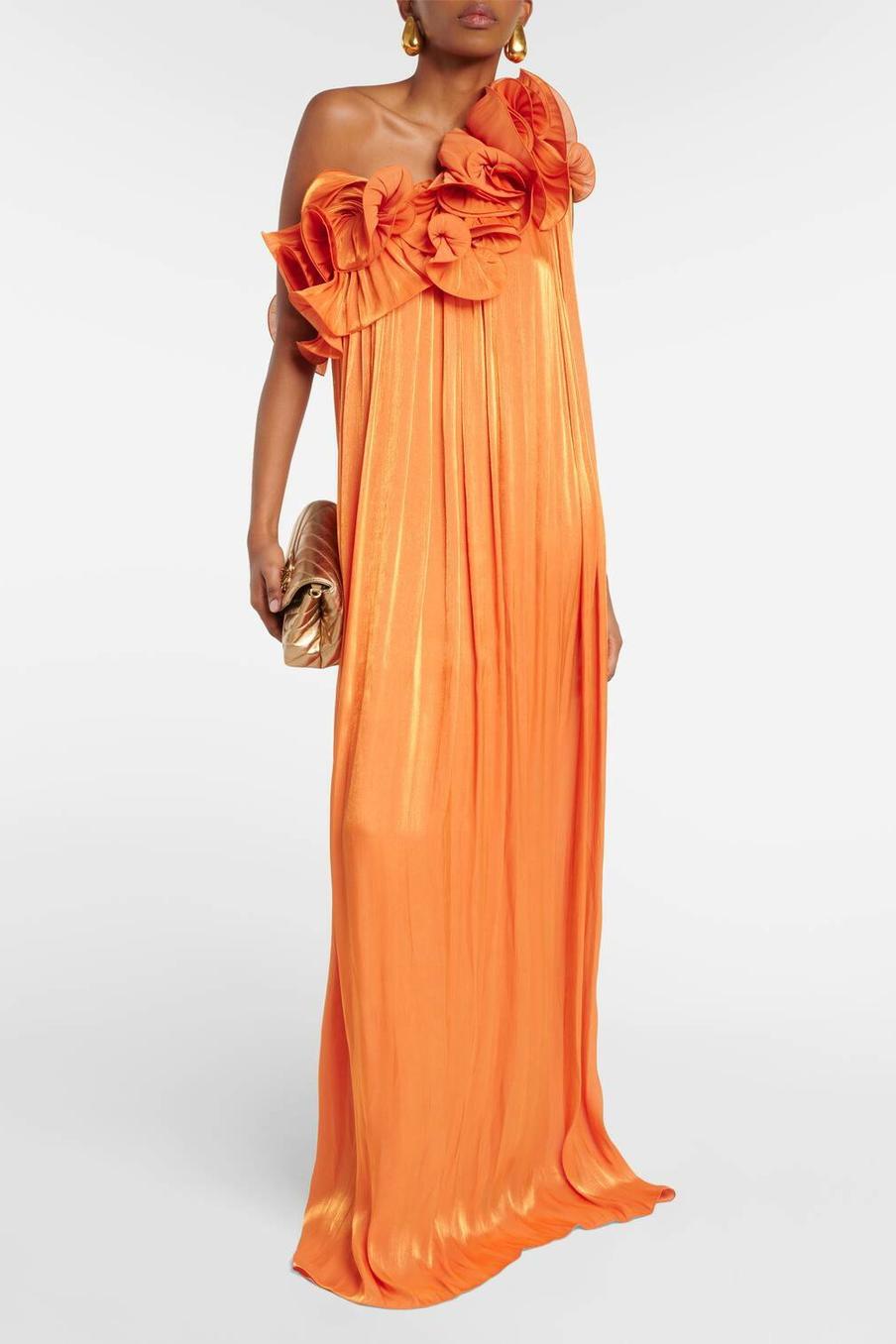 Orange Off Shoulder Maxi Dress with Floral Ruffles for Women - Ambra