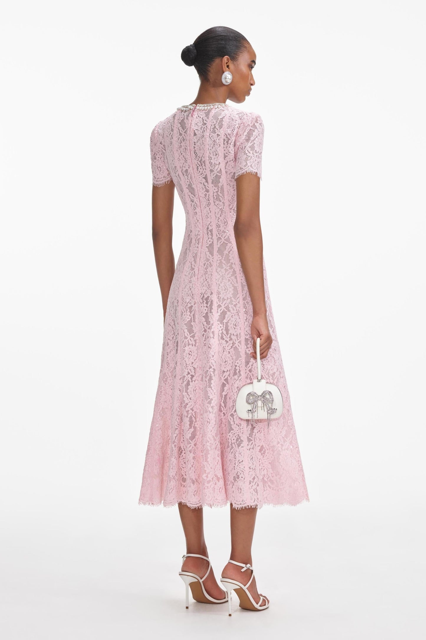 Light Pink Lace Midi Dress with Short Sleeves for Women - Daria