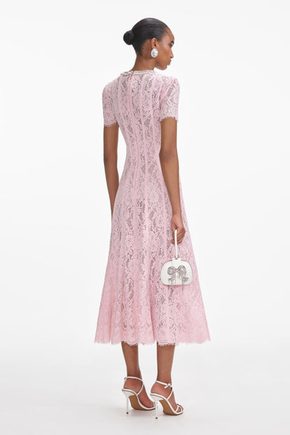 Light Pink Lace Midi Dress with Short Sleeves for Women - Daria