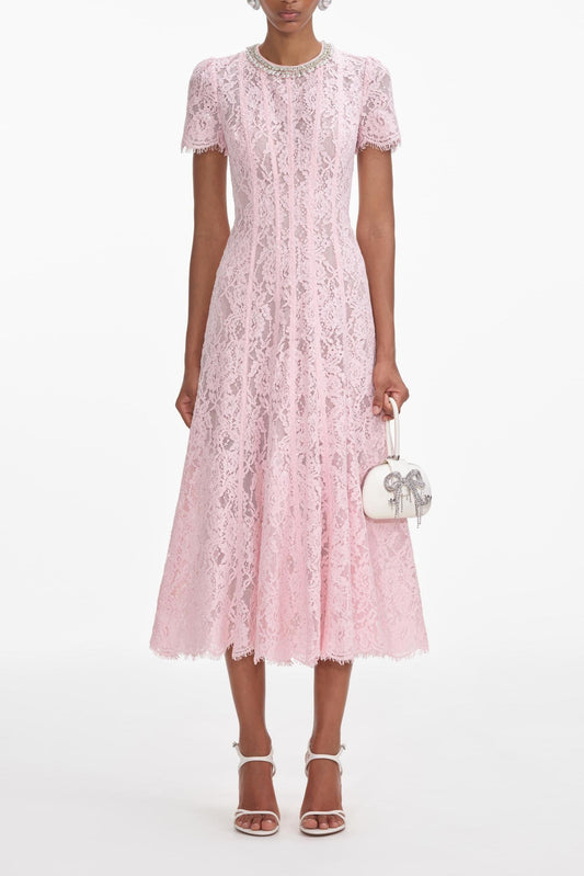 Light Pink Lace Midi Dress with Short Sleeves for Women - Daria