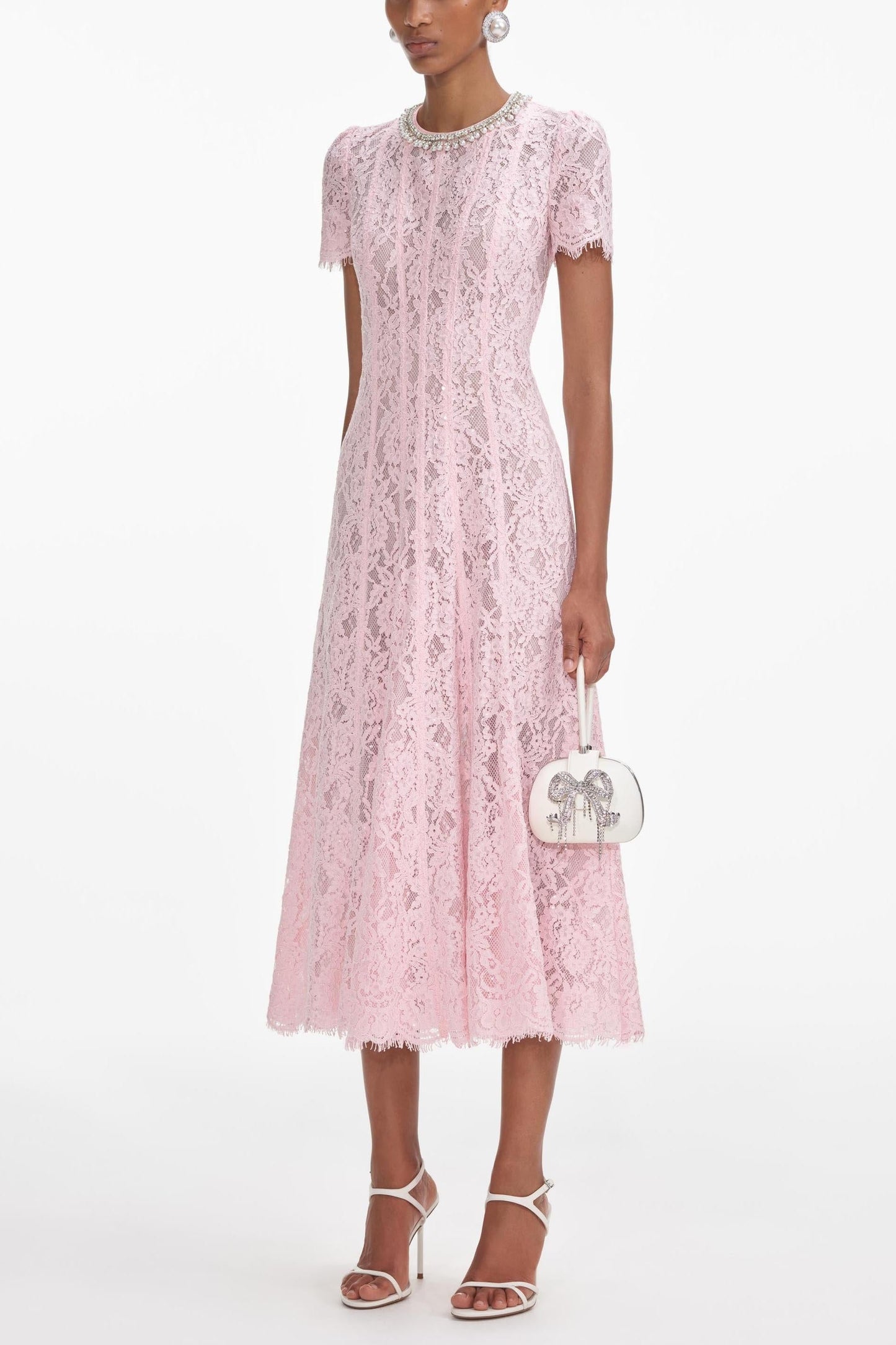 Light Pink Lace Midi Dress with Short Sleeves for Women - Daria