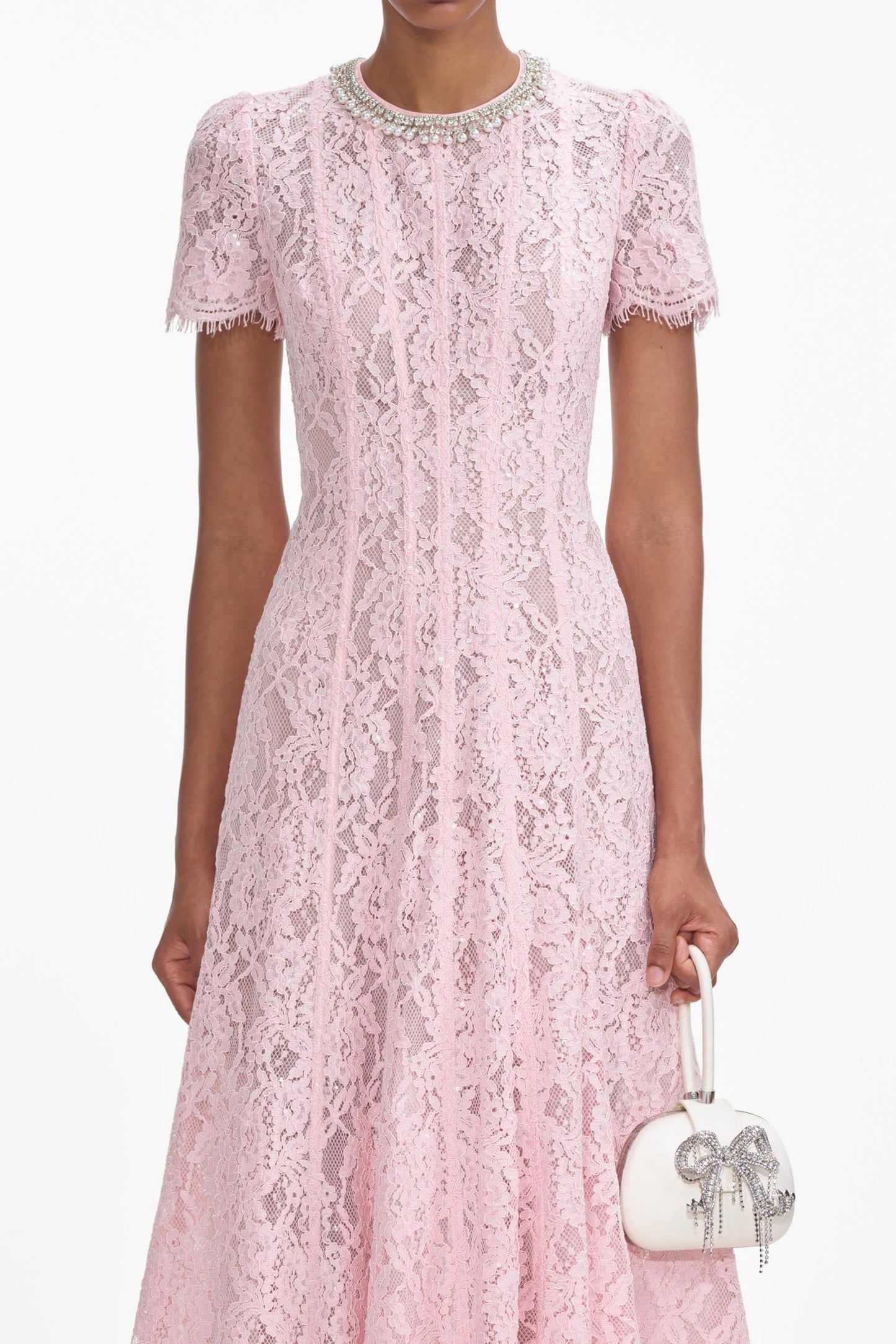 Light Pink Lace Midi Dress with Short Sleeves for Women - Daria