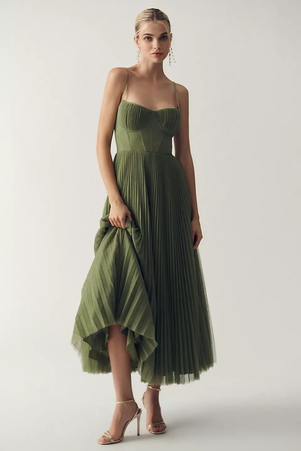 Olive Green Pleated Midi Dress with Spaghetti Straps for Women- Patrizia