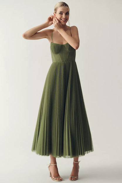 Olive Green Pleated Midi Dress with Spaghetti Straps for Women- Patrizia