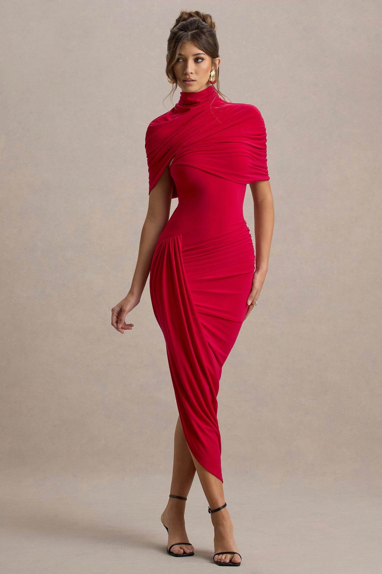 Draped Midi Dress with High Neck for Women - Barbara