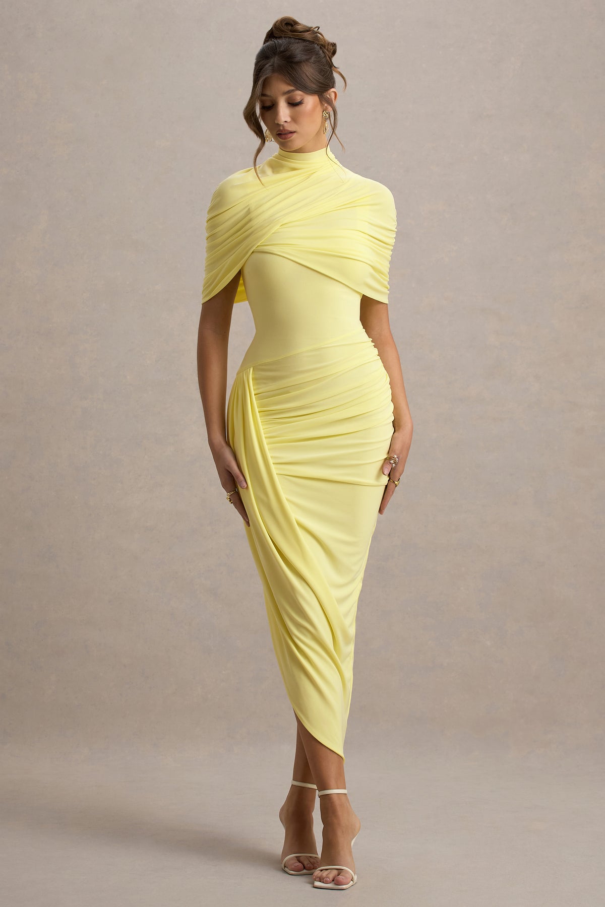 Draped Midi Dress with High Neck for Women - Barbara