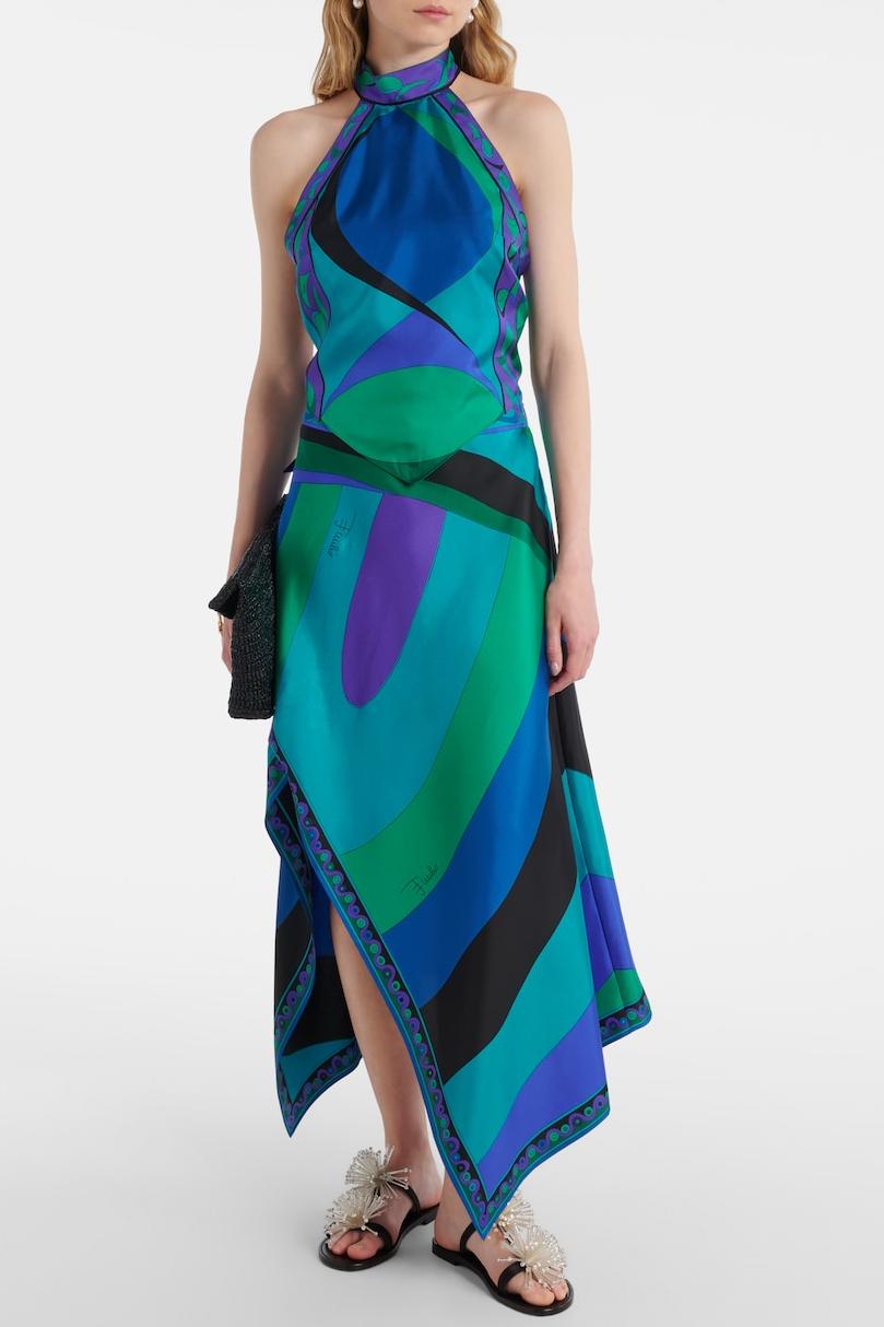 Satin Halter Top and Scarf Print Midi Skirt Set for Women - Ester