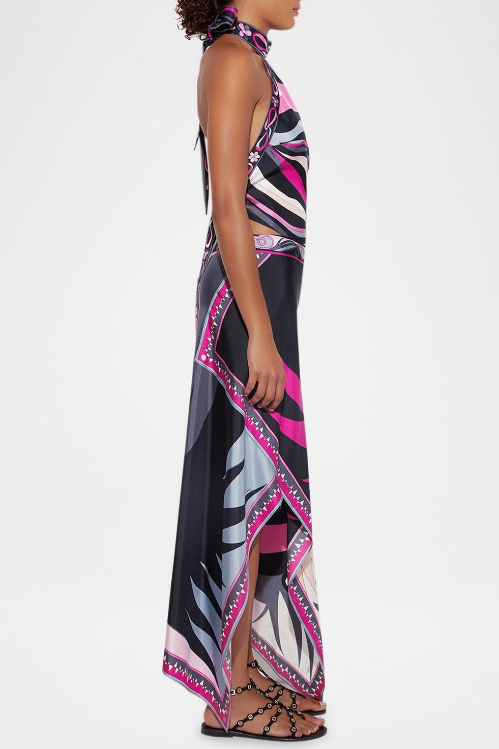 Satin Halter Top and Scarf Print Midi Skirt Set for Women - Ester