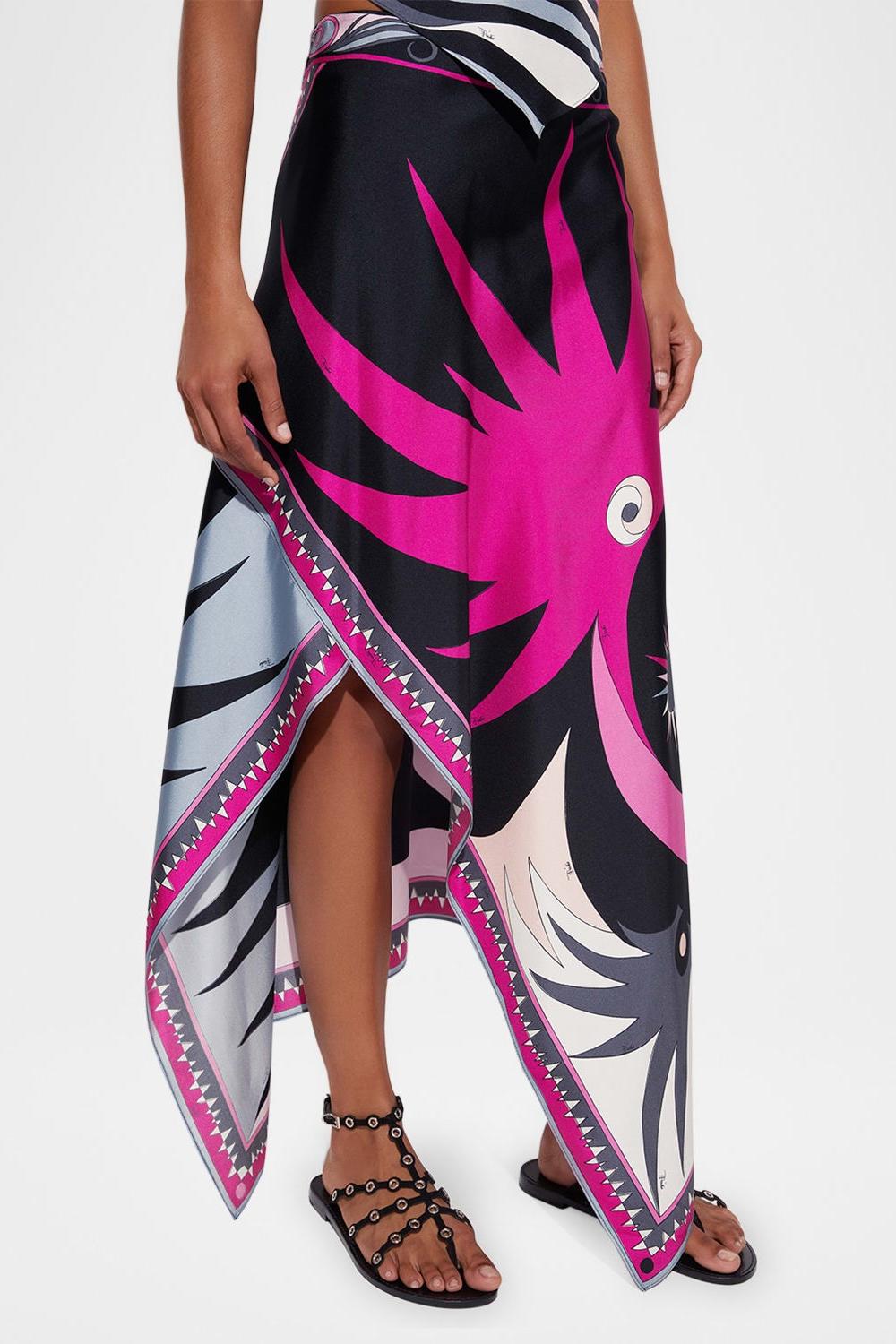 Satin Halter Top and Scarf Print Midi Skirt Set for Women - Ester