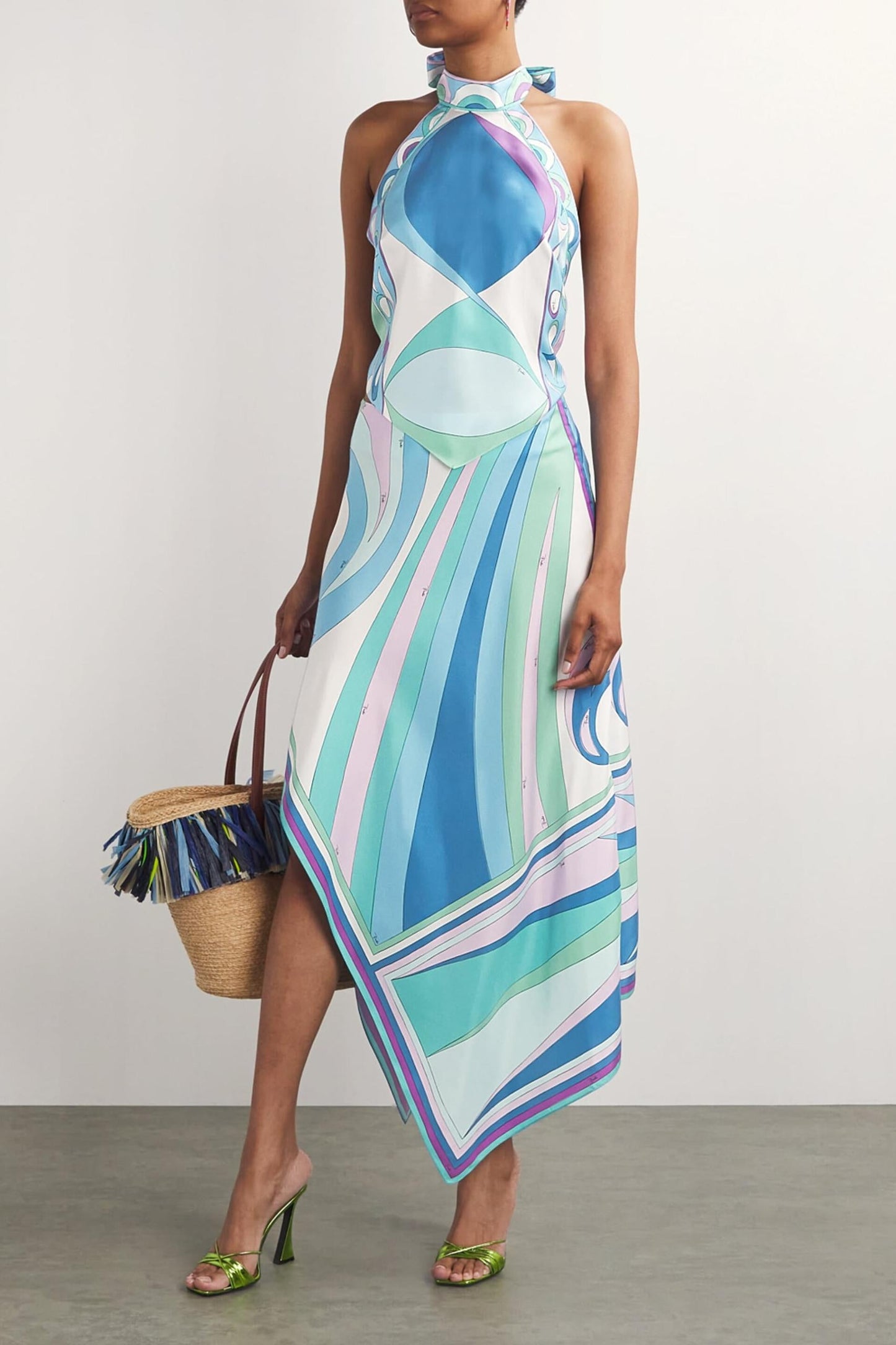 Satin Halter Top and Scarf Print Midi Skirt Set for Women - Ester